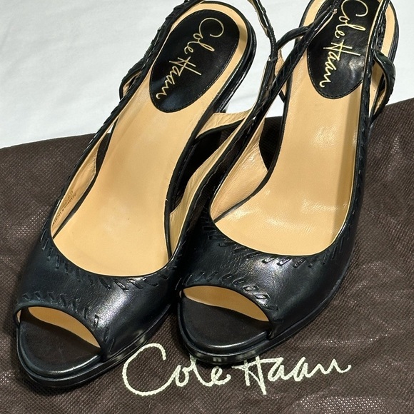Cole Haan Women's Black Slingback Peep Hole Wedges Leather New - Picture 2 of 8